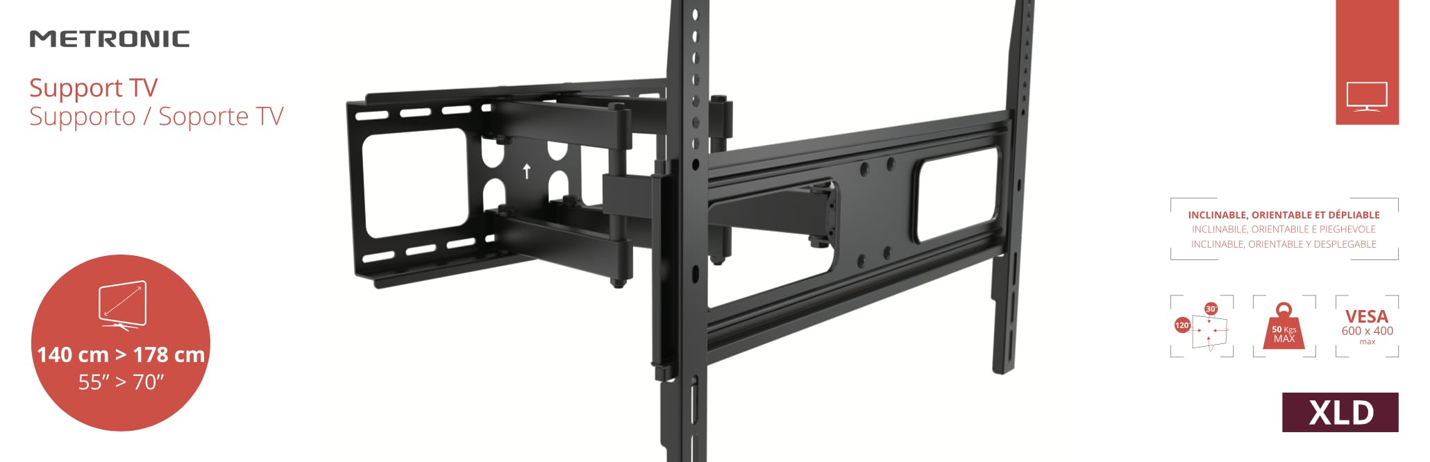 Metronic 45106 - Soporte de pared giratorio e inclinable para televisor, color negro