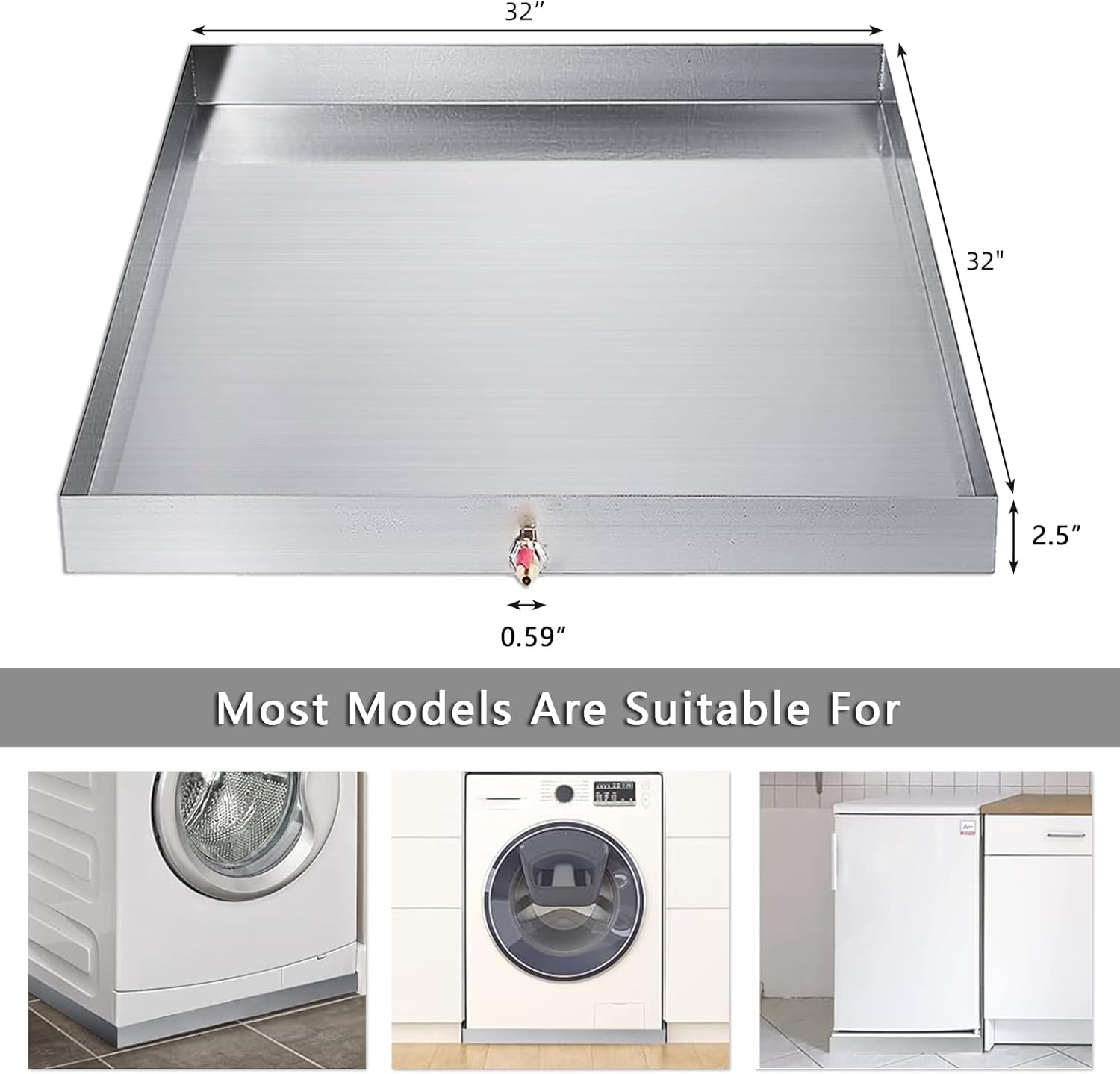32 x 32 x 2.5 Washing Machine Drip Pan 304 Stainless Steel 18GA Washer Drip Tray Catch w/Drain Hole & Drain Valve for Laundry Room, Bathroom,No Washer leaks