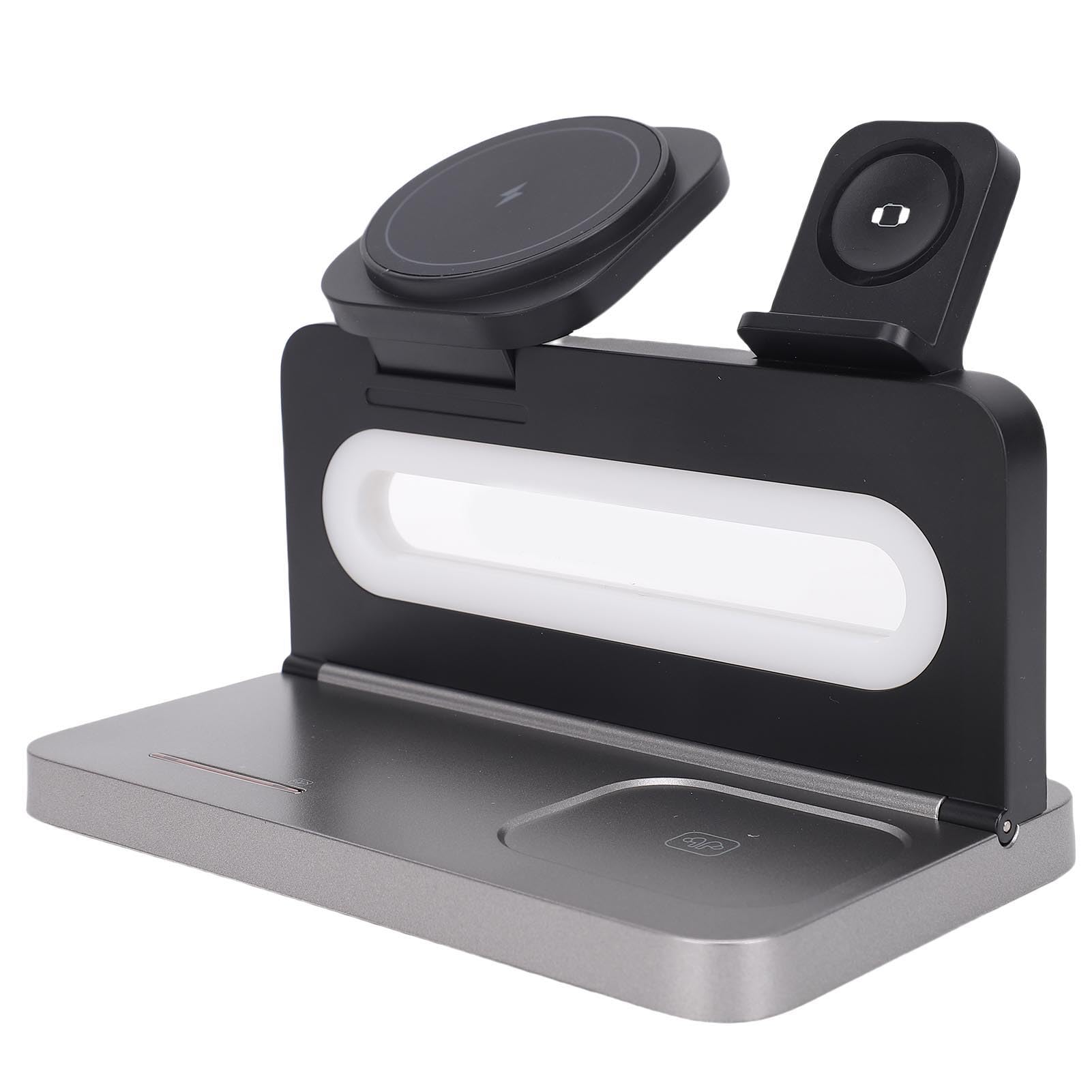 Generic Charge Rapide de 15W 4 en 1 Station de Chargeur sans Fil Magnétique pour Casque de Montre de Téléphone, Charge Plusieurs Appareils avec Lumière Nocturne, Support de Rotation à