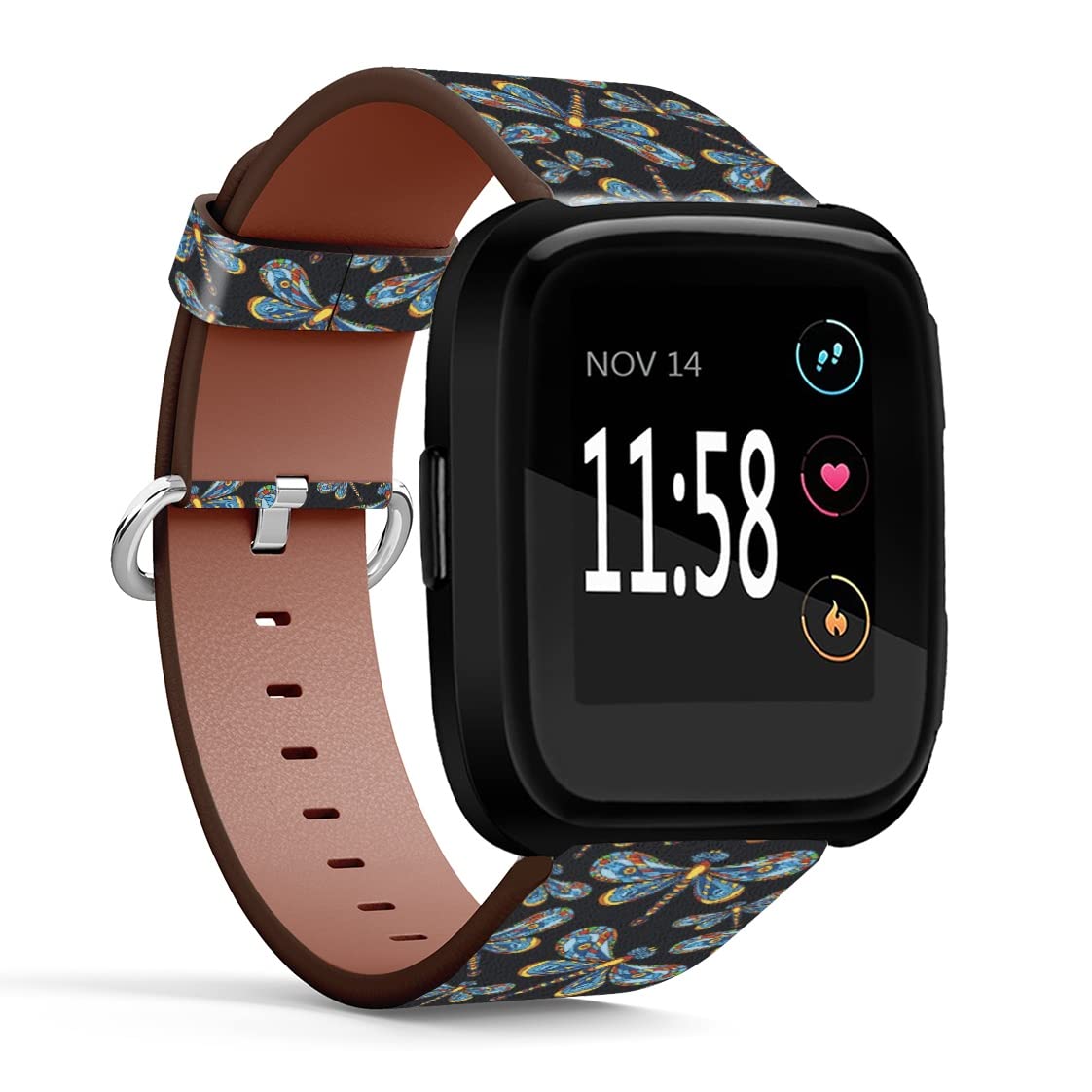 Compatible with Fitbit Versa 2 / Versa/Versa Lite/Versa SE Patterned Leather Replacement Band (Folk Art Dragonfly Pattern)