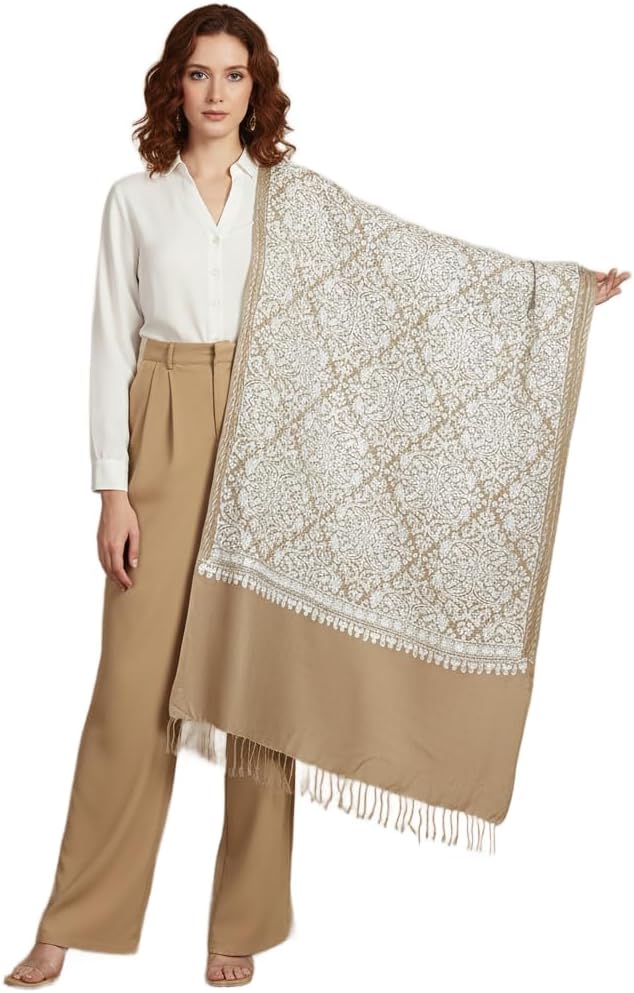 Zamour Indian Embroidery Stole Scarf Wrap, Indo Western Patterns, Warm Shawl with Aari Nalki Embroidery 30x80 inches