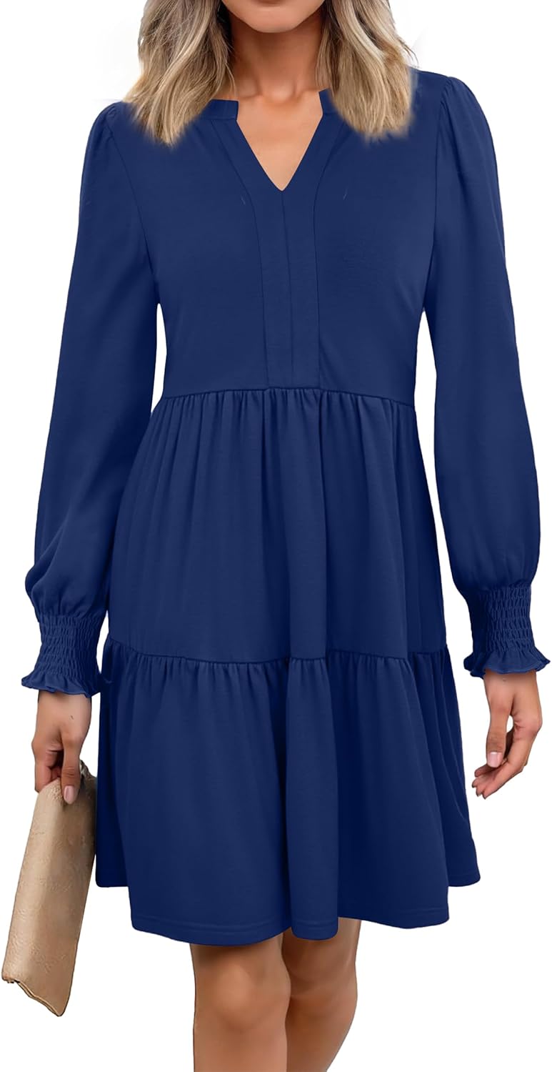 Spring Dresses for Women 2026 Casual V Neck Long Sleeve A Line Midi Dress Ruffle Flowy with Pockets - Image 2