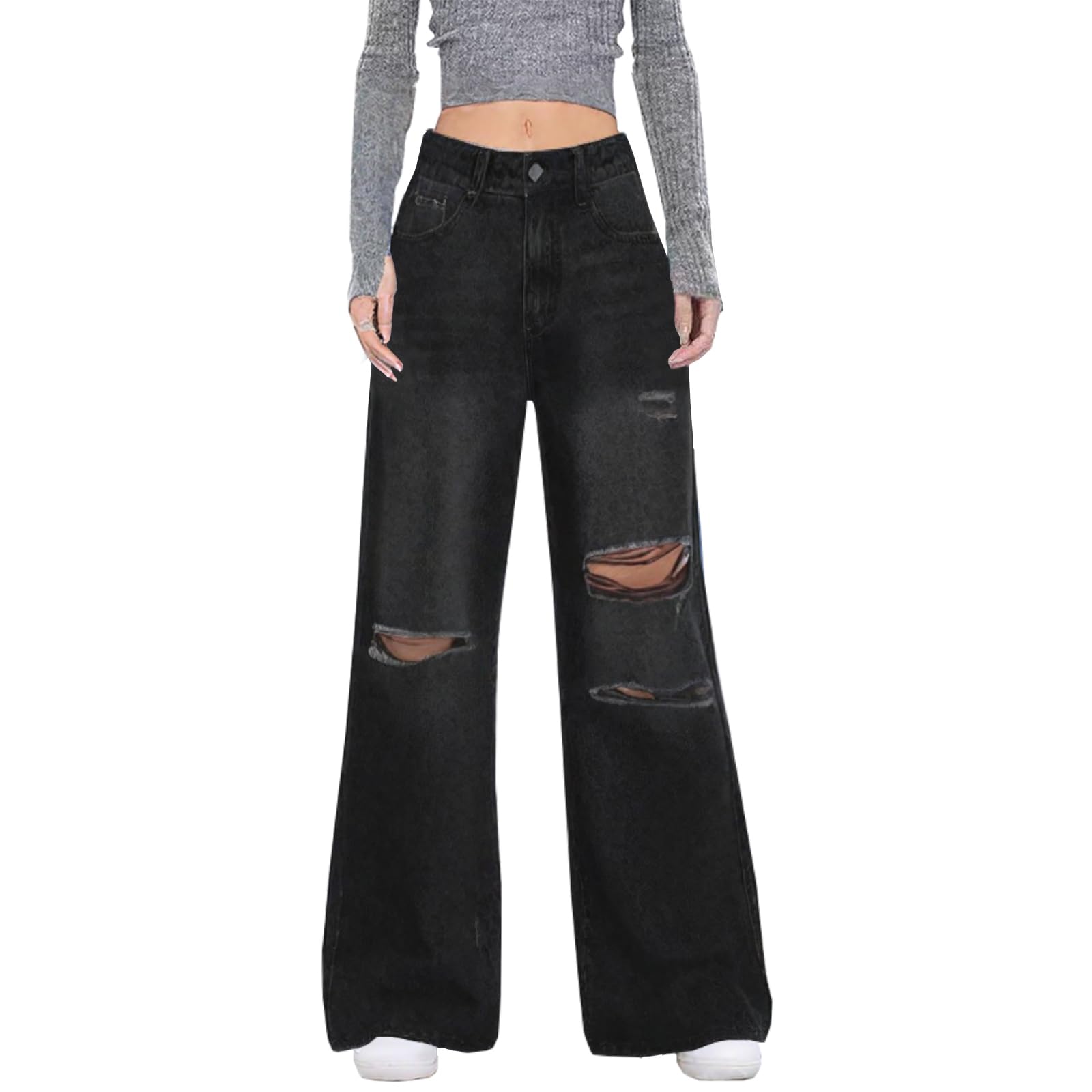 Distressed Jeans mit weitem Bein für Damen, hohe Taille, lockere zerrissene Boyfriend-Jeans, Y2K, Stretch-Denim-Hose
