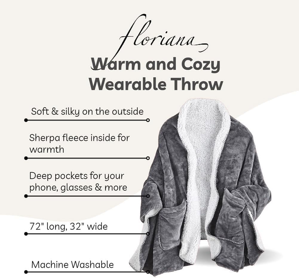 FLORIANA Womens Wearable Throw Blanket Poncho, Blanket Shawl With Pockets, Grey
