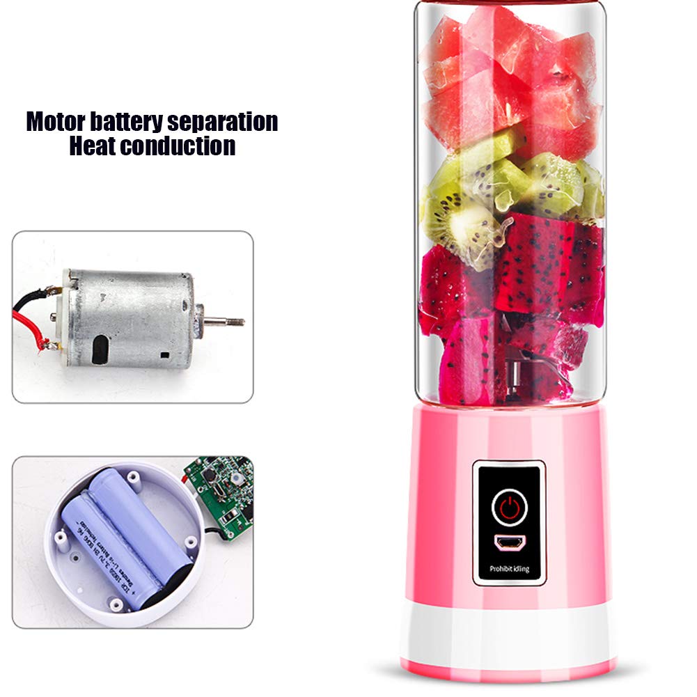 Przenośny blender USB do ładowania, blender smoothie z trwałym szkłem i 2 pokrywkami, mini blender do soków owocowych i koktajli mlecznych, 500 ml/sześć ostrzy 3D, czerwony
