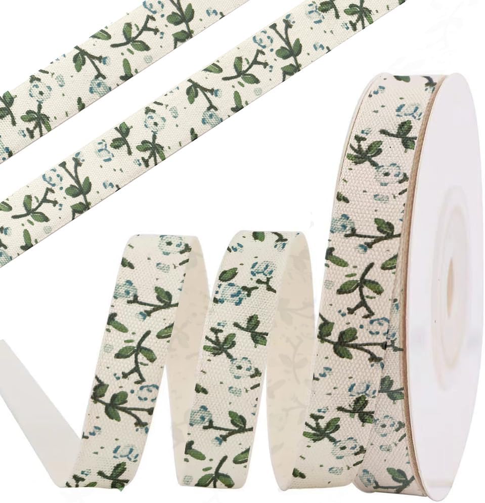 Pink Flower Cotton Ribbon, 5/8" x 10 Yards Spring Vintage Cream White Ribbons Soft Natural Fabric Ribbon for Home Décor Party Gift Wrapping