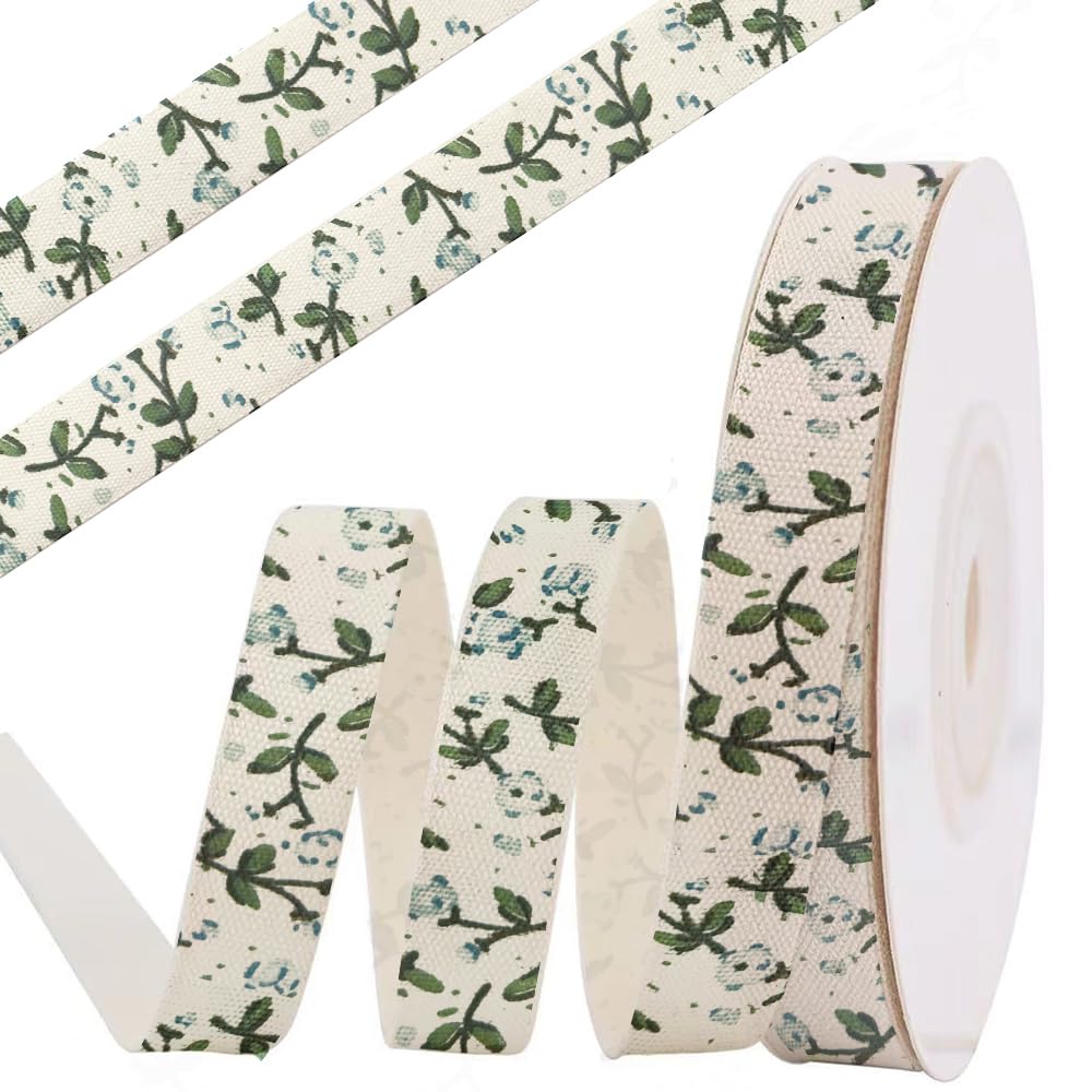 anshome Blue Flower Cotton Ribbon, 5/8" x 10 Yards Spring Vintage Cream White Ribbons Soft Natural Fabric Ribbon for Home Décor Party Gift Wrapping
