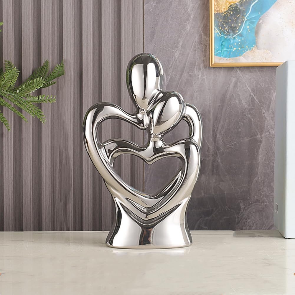 Statua in ceramica di coppia che abbraccia, statua di arte astratta moderna, scultura romantica di coppia astratta, per soggiorno, camera da letto, ufficio, ingresso, camino. (Argento A, Grande)