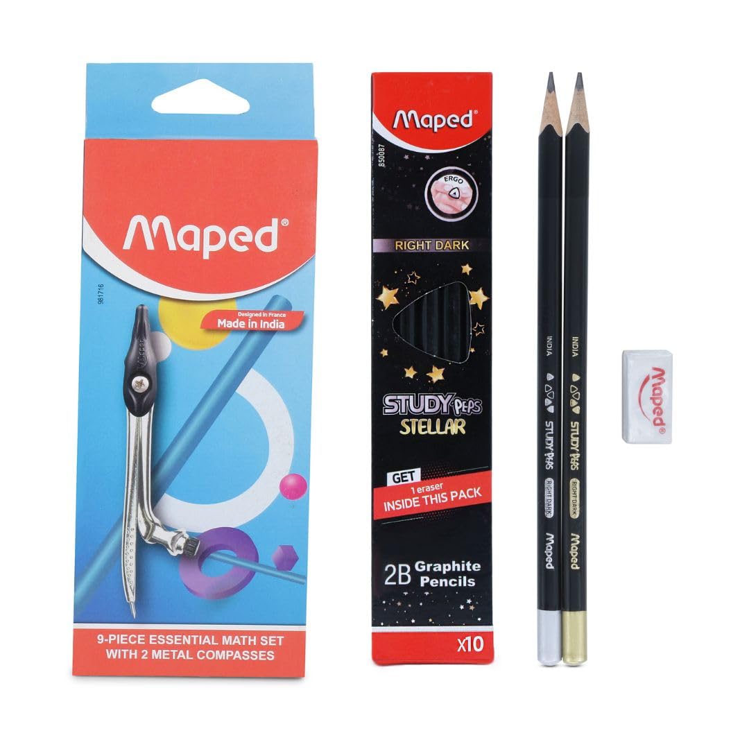 Maped Kit de papelería escolar, 20 piezas, caja geométrica de alta calidad, juego de 9 piezas con 10 lápices oscuros, kit esencial de papelería escolar, productos de alta calidad con experiencia de