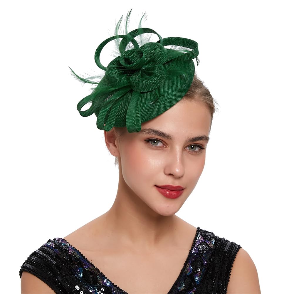 FBHappiness Women Fascinator Hat with Headband and Clip Ascot Linen Flower Feather Headpiece