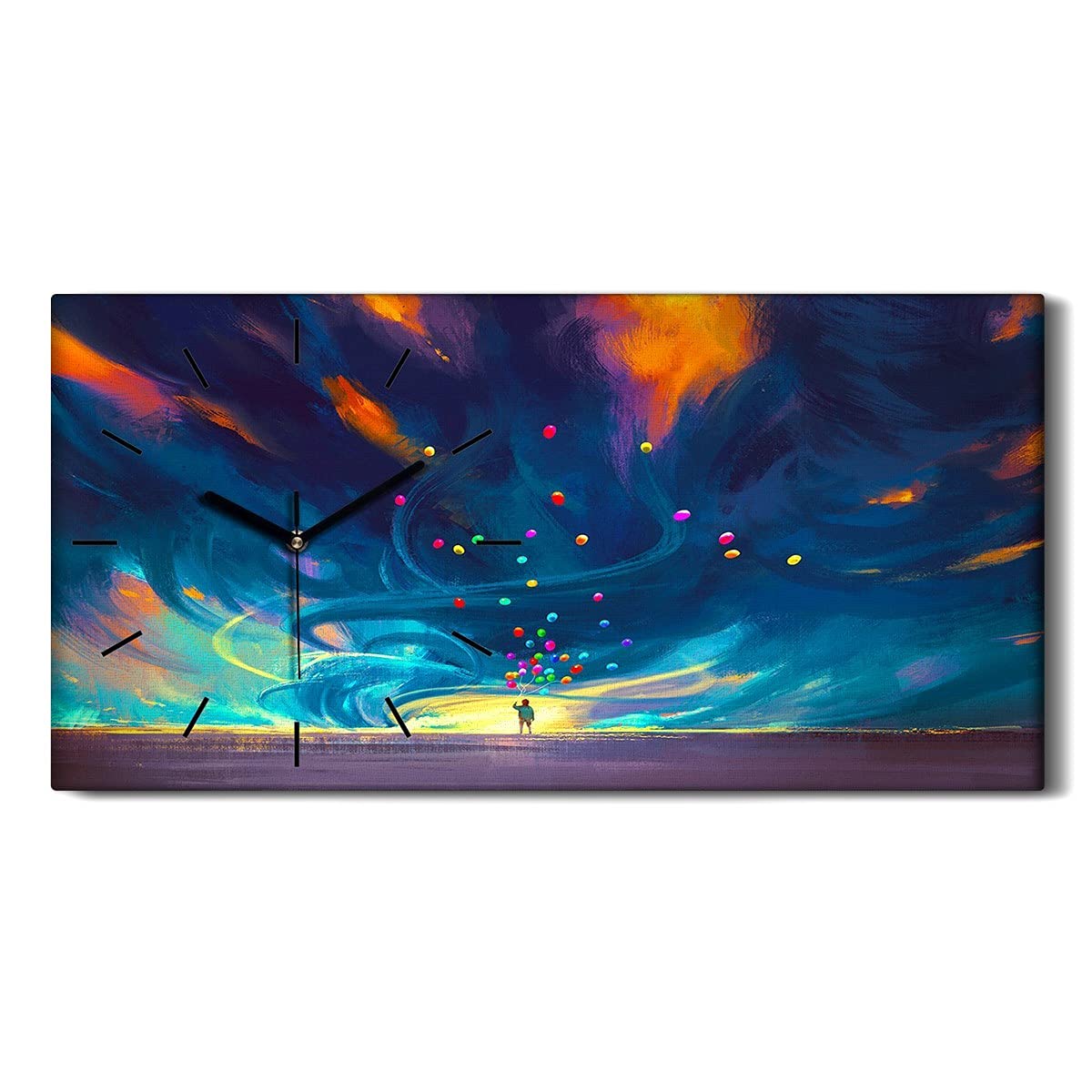 Horloge sur Toile 60x30cm Tableau Mural Salon Chambre Enfant Ballons Ciel Abstrait Image Art