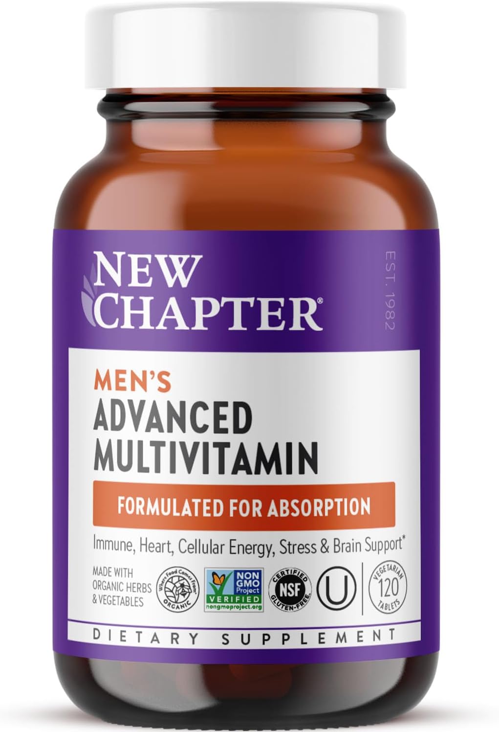 New Chapter Men’s Multivitamin Advanced Formula for Stress, Brain, Immune, Heart & Energy Support, Higher Levels of Whole-Food Fermented Essential Nutrients for Men + Selenium + B Vitamins, 120 ct