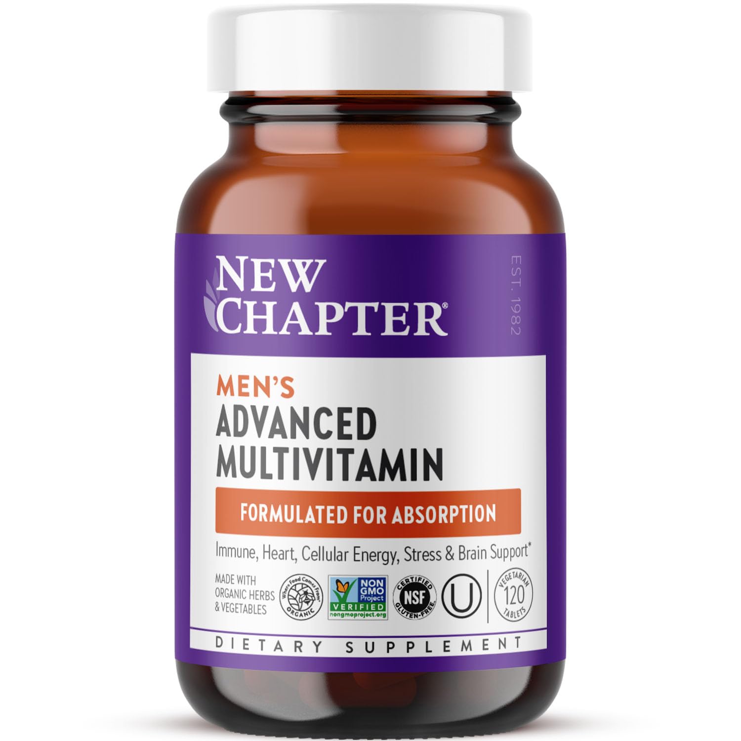 New Chapter Men's Multivitamin Advanced Formula for Stress, Brain, Immune, Heart & Energy Support, Higher Levels of Whole-Food Fermented Essential Nutrients for Men + Selenium + B Vitamins, 120 ct