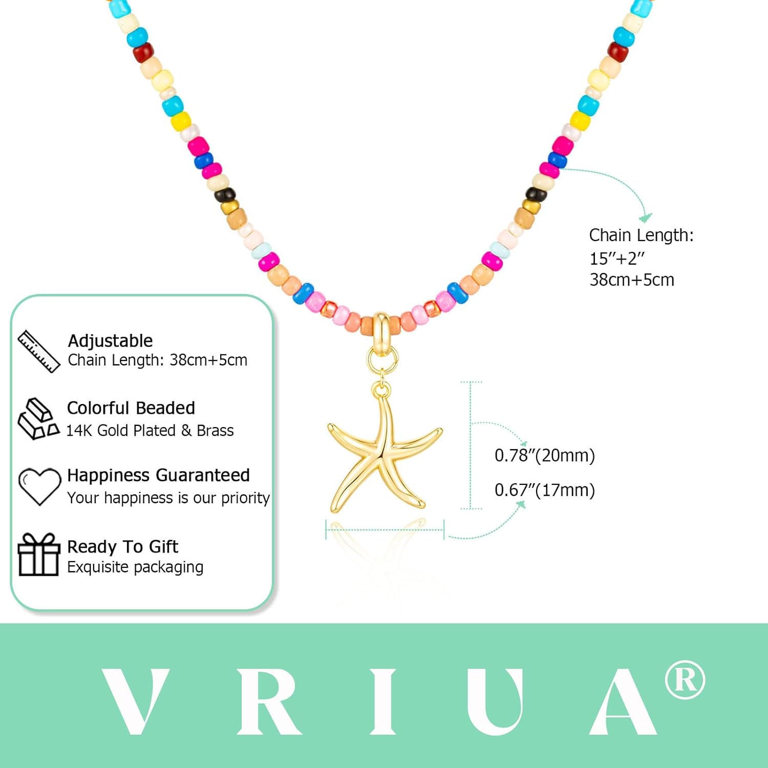 VRIUA Colorful Beaded Necklaces for Women – Summer Beach Boho Starfish, Conch, Shell, Pearl, Palm tree Pendant Necklace Jewelry - Image 4