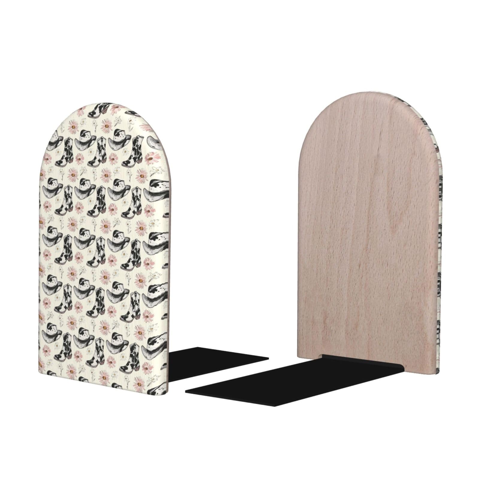 Cow Print Cowboy Boots Print BookEnds 1 Pair, Decorative Bookends for Heavy Books, Wood Book Ends for Shelves, Book Organizer for Home Desk Office Supplies