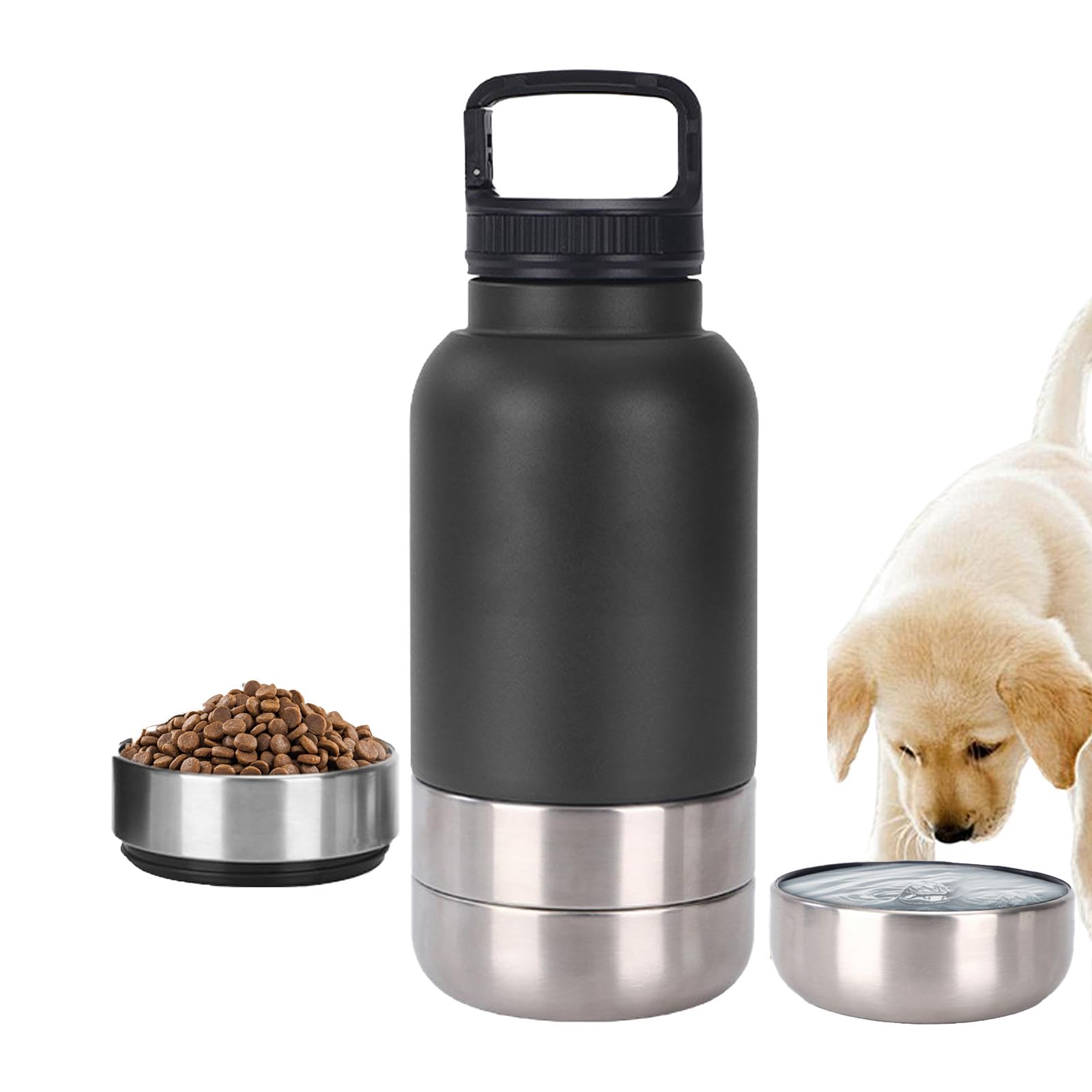 lopituwe Insulated Portable Dog Water Bottle with 2 Food Container 3 in 1 Stainless Steel Pet Drinking Bottle 32oz Multifunctional Dog Travel Water Bowl For Outdoor, Travel, Walking, Hiking(Black)