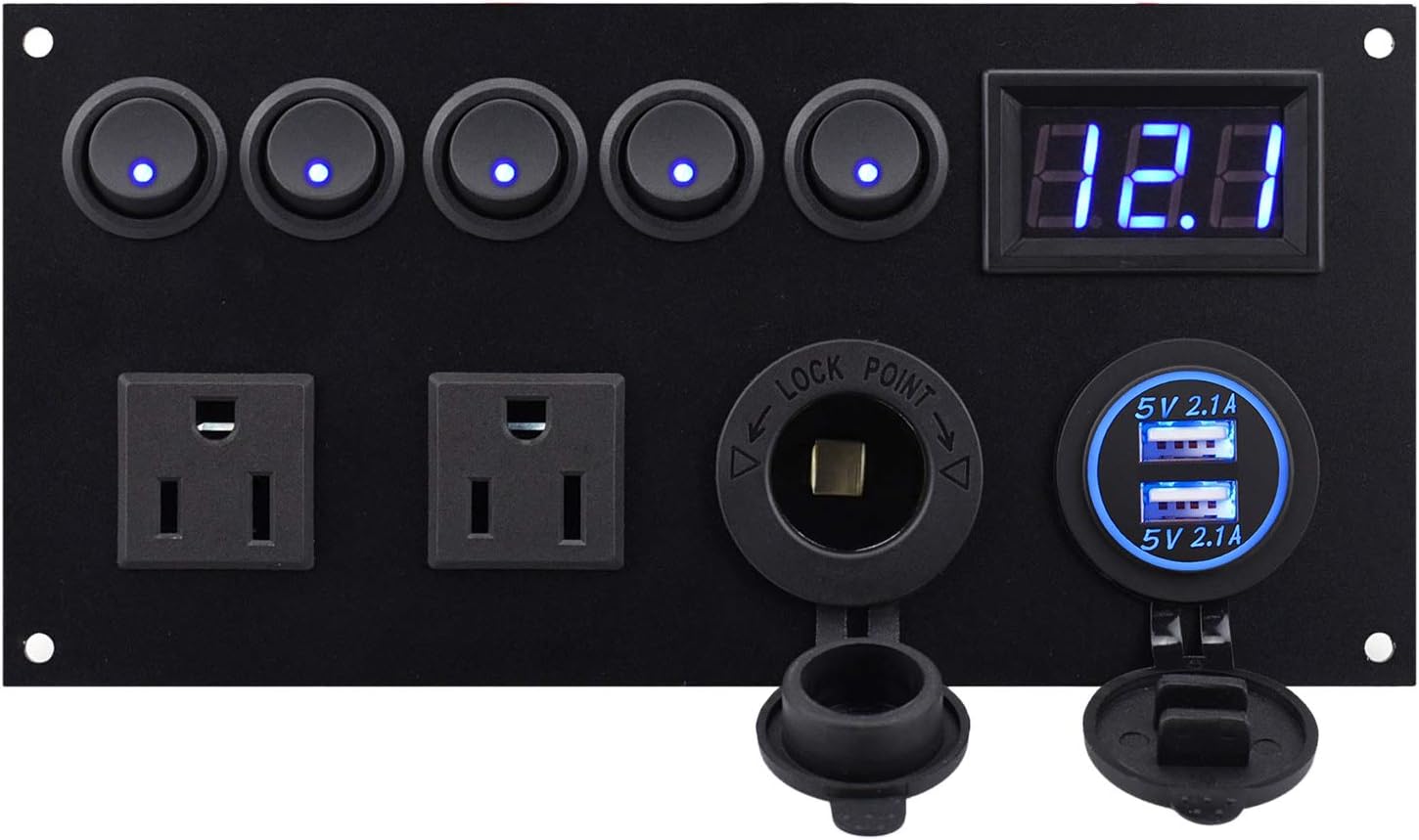 Cllena Dual USB Charger Socket 4.2A + 12V Power Outlet + LED Voltmeter + Dual 15A Outlets with 5 Gang Toggle Switch Multi-Functions Panel for Marine Boat Rv Camper Caravan Home Office Wall Plate etc.
