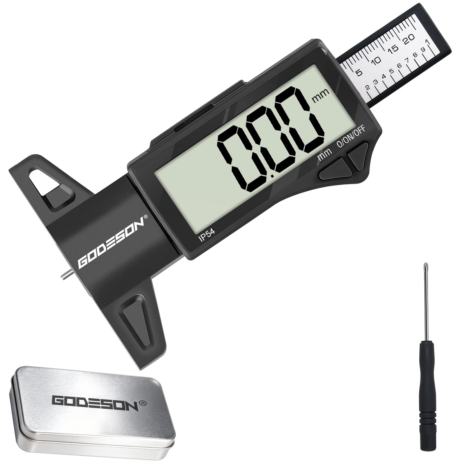 GODESON Spessimetro per Pneumatici Digitale, Intervallo 0-25,4mm/1 Pollici, Impermeabile IP54 Misuratore di Profondità con Ampio Display LCD, per Auto, Moto e Vans