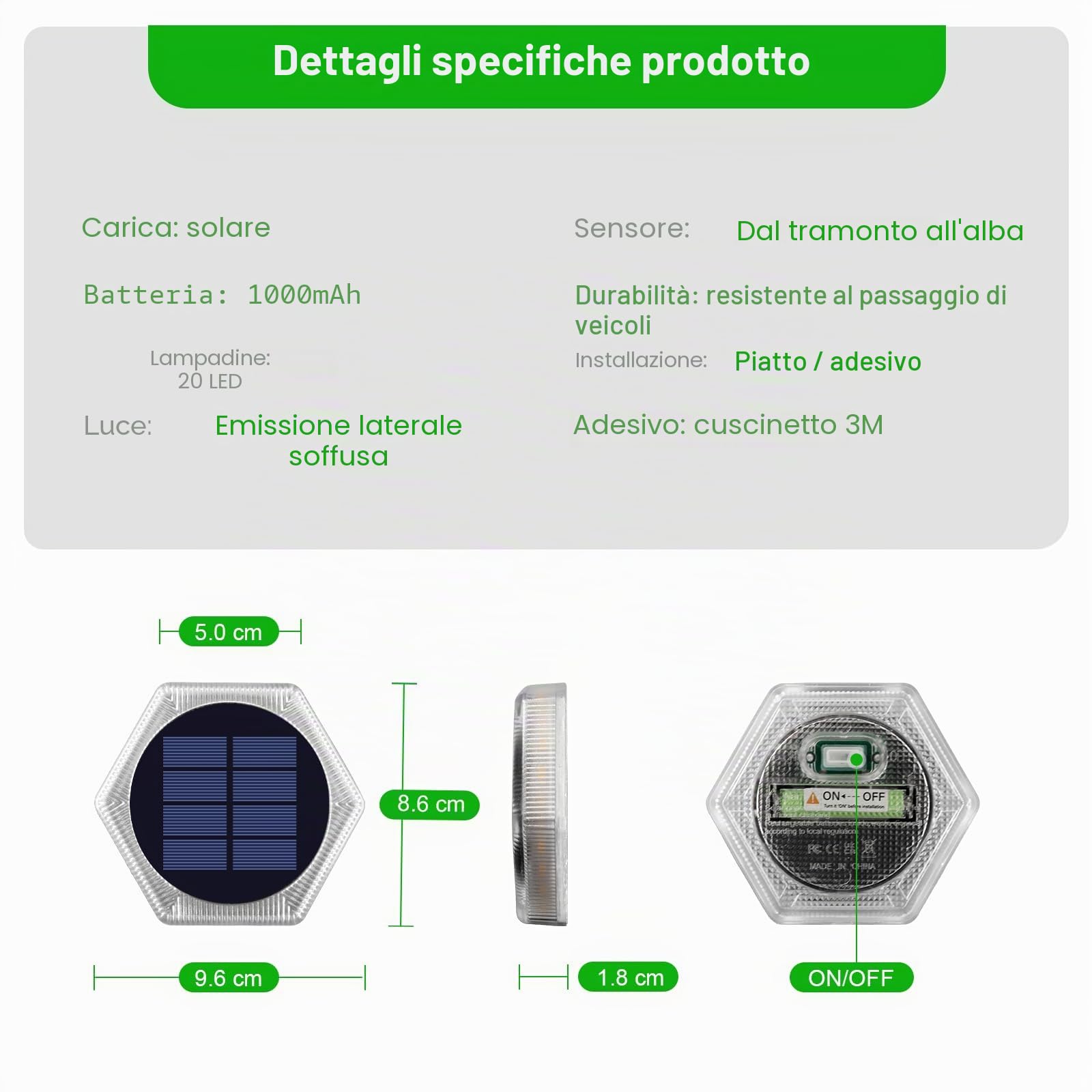 YiLaie Segnapasso 20 Leds Esterno Solare, 10cm Luci Esagonali da Giardino con Adesivo Luce 360°, Faretti Solari a Pavimento IP68 Calpestabili per Viale, Camminamento, Scale, Bianco Caldo (6 Pezzi)