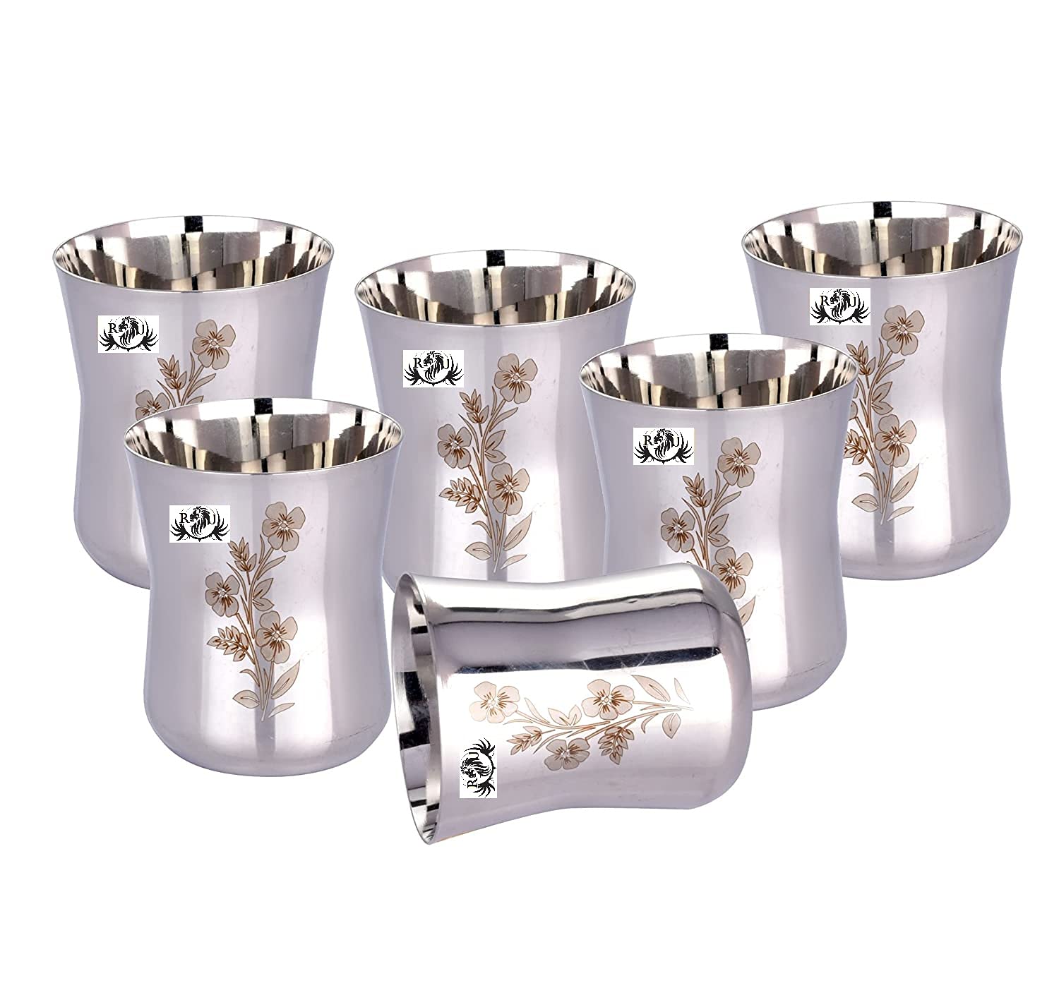 RJ kitchenware Store Glass Stainless Steel Heavy Gauge Laser Finish Floral Design Drinking Glass Set 300 Ml 6 Pieces Silver Machine Printed Pack of 6