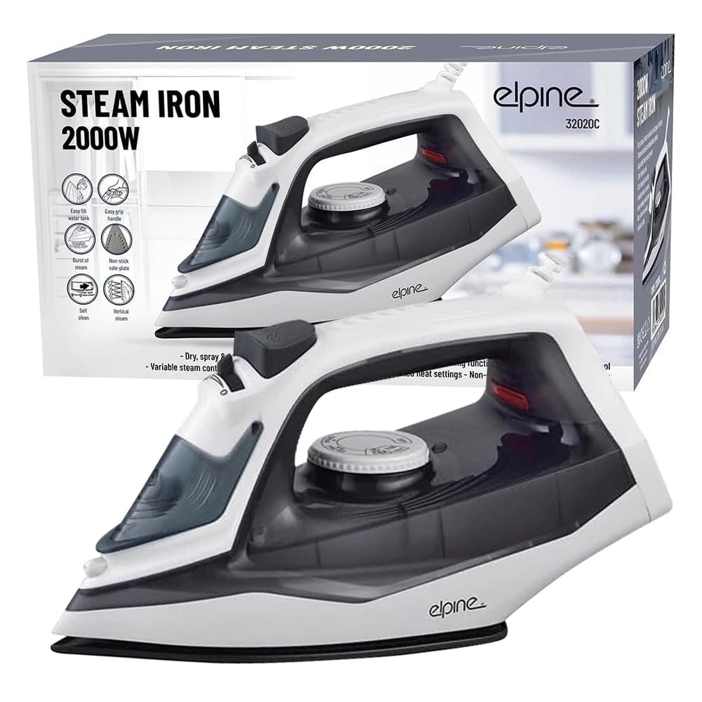 2000W Steam Iron With Dry and Spray Function - Thermostatically Controlled Heat Settings | 1.9m Flexible Cord | Over Heating Protection | Non-Stick Soleplate, Indicator Light - All Types of Fabric