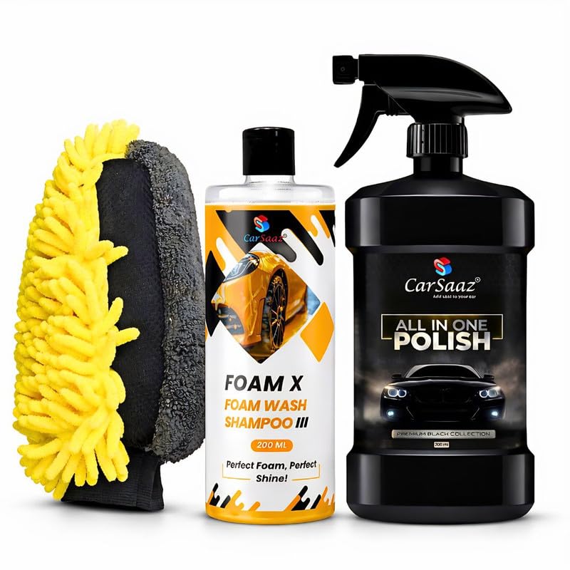Image of CAR SAAZ Complete Car Care Combo Pack Including Foam X High Foam Car Wash Shampoo, Instant Shine All in One Polish Spray and Scratch-Free Microfiber Wash Mitt for Interior & Exterior Cleaning