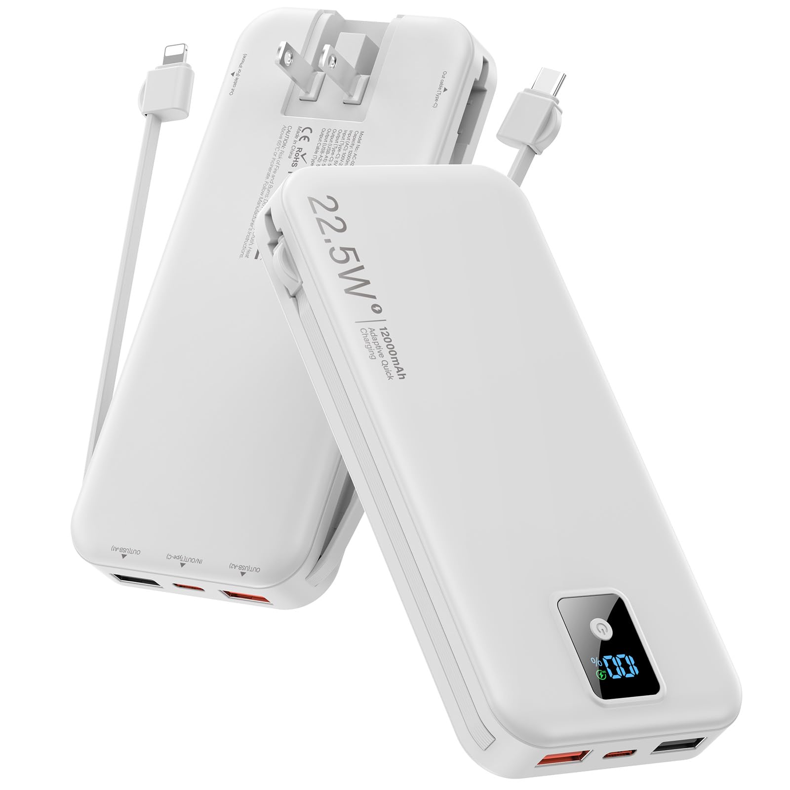 Banco de energía portátil, 12000 mAh, 22,5 W, cargador de teléfono de carga rápida con cables integrados y enchufe de pared, batería esencial de viaje con pantalla LED, banco de carga de batería USB C