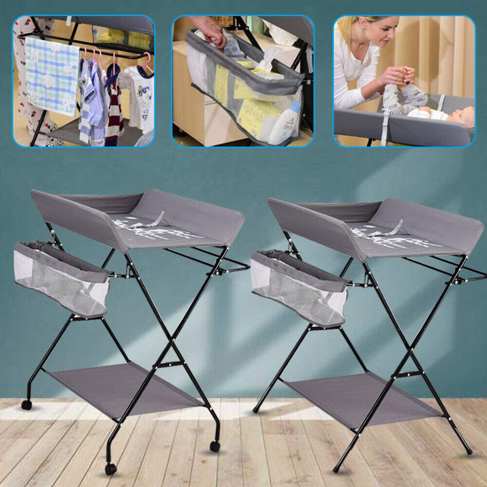 Cambiador portátil con 3 compartimentos, plegable, con cinturón de seguridad (80 x 63 x 96 cm), para bebés menores de 12 meses (hay ruedas + altura regulable)