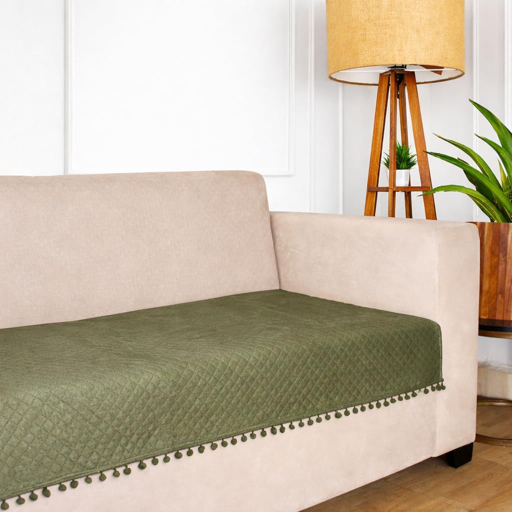 STITCHNEST 4 Seater Quilted Velvet Sofa Cover with Pom Pom | Elegant Olive Sofa Protector for Living Room | Soft, Washable | Perfect for Enhancing Living Room Interiors