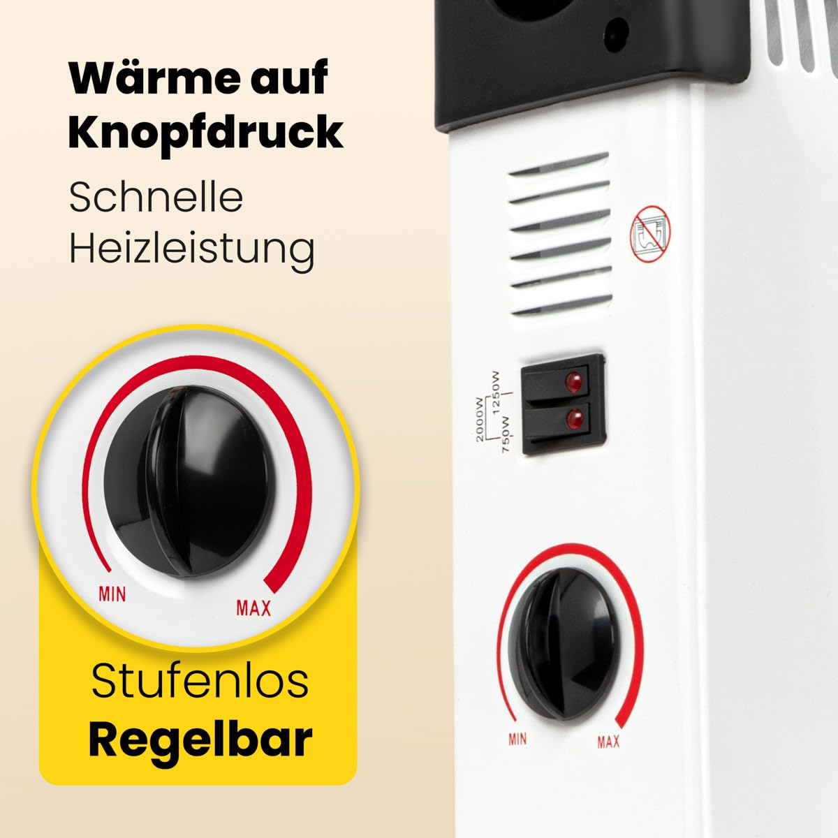 Clatronic® Chauffage par convecteur | Chaleur mobile | Chauffage électrique à 3 niveaux de chauffage | avec thermostat | jusqu'à 40m² | Convecteur avec protection contre la surchauffe | KH 3077 N