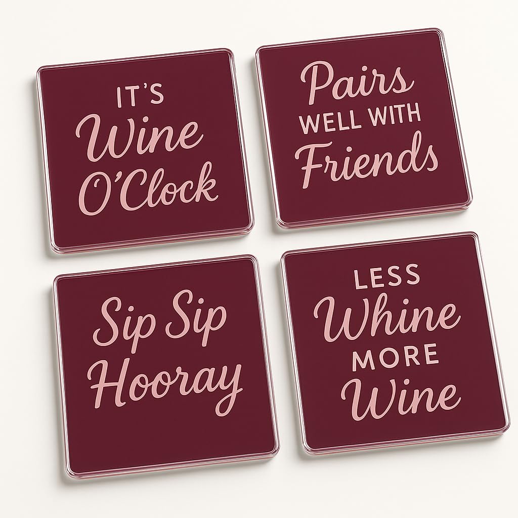 The Plum Penguin Vino Vibes Acrylic Coaster Set Of 4 With Wine-Themed Humour - Home Decor For Friend Birthday Celebration