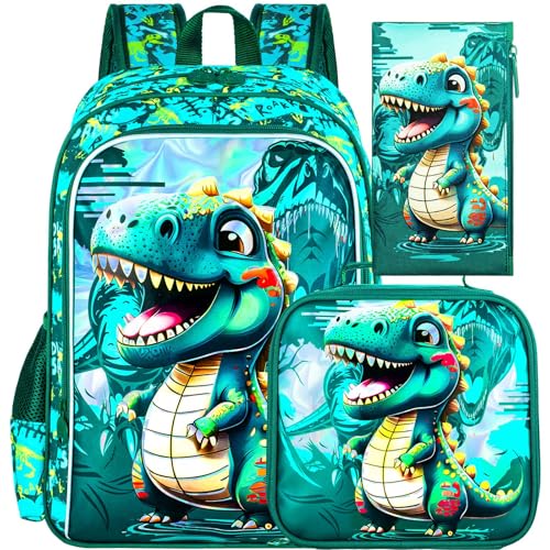 Image of HPJGD 3PCS Dinosaur Backpack for Boys, Water Resistant Kids Bookbag Set with Lunch Box,Cute School Bag for Preschool Toddler