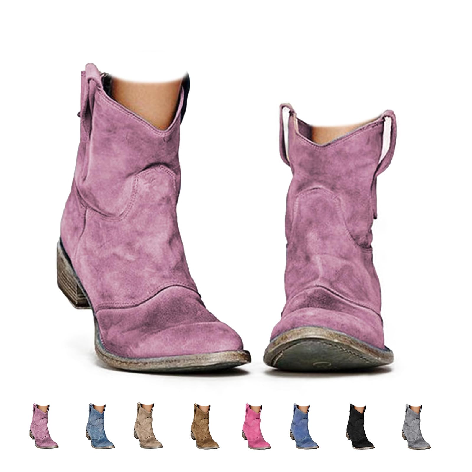 Western Cowboy Boots for Women Slouchy Low Heel Suede Chunky Heel Ankle Round Toe Short Boots louchy Fashion