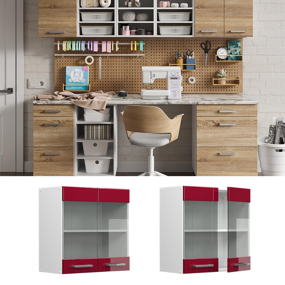 Vicco Armoire Suspendue R-Line, Rouge Bordeaux Haute Brillance, 60cm avec Portes vitrées, pour Le Rangement d’Objets ménagers et Utilitaires