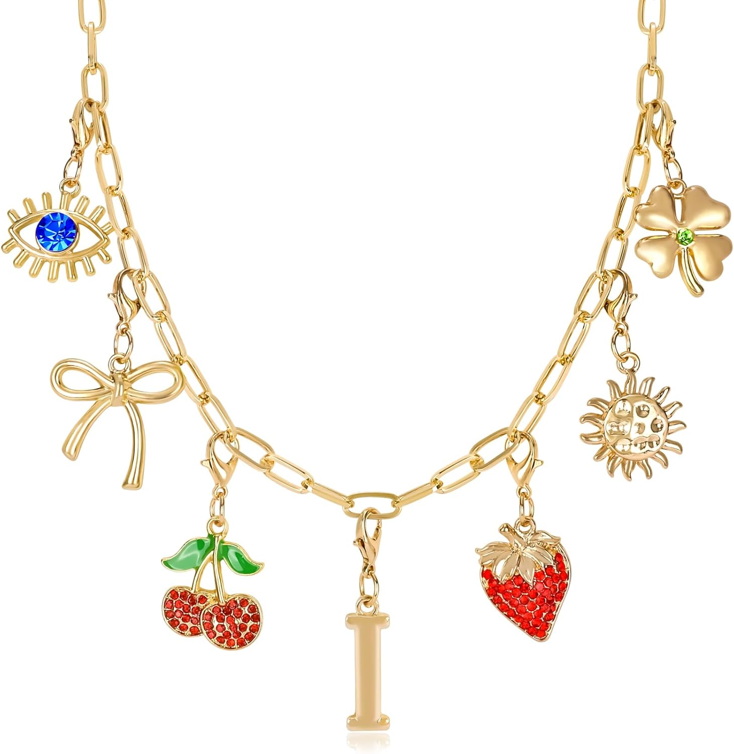 Initial Charm Necklace for Women, Evil Eye Four-Leaf Clover Sun Bow Cherry Strawberry Removable Charms Necklace Paper Clip Chain Choker, Trendy Jewelry Birthday Christmas Gifts for Her (Letter I )