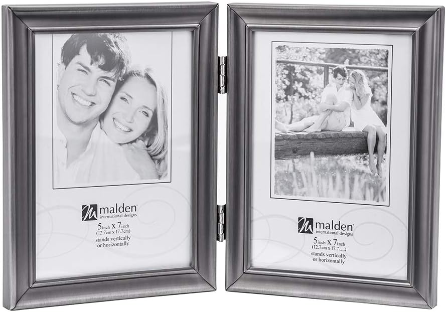 Malden International Designs Concourse Pewter Metal Hinged Picture Frame, Double Vertical, 2-5x7, Silver