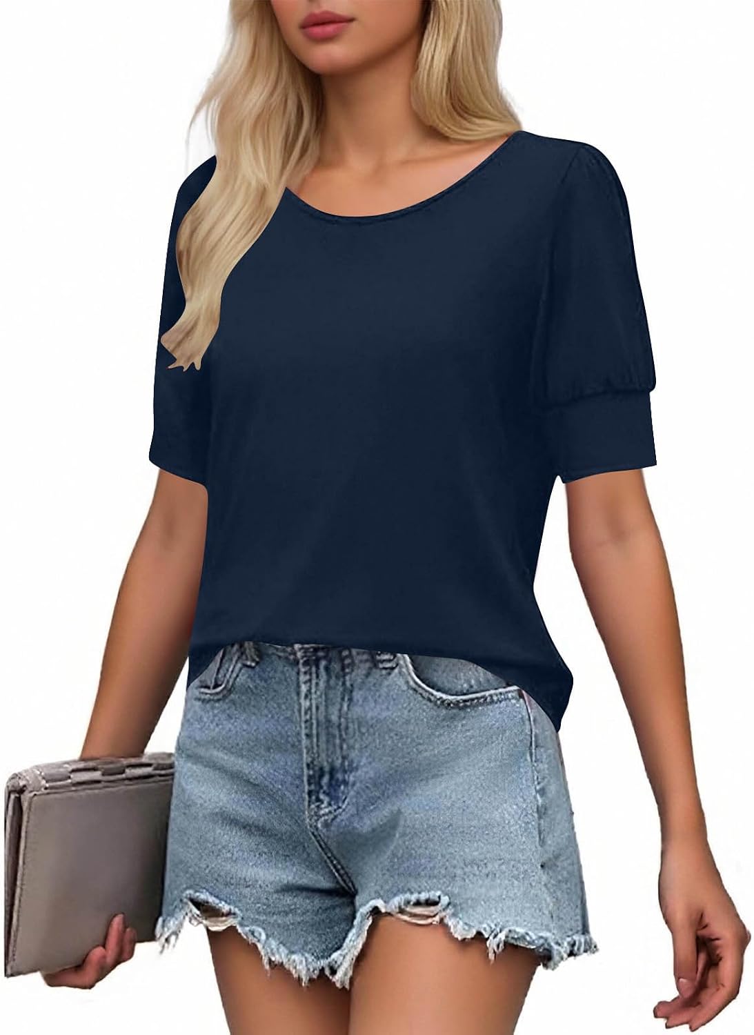 Short Sleeve Blouses for Women Round Neck Solid Color Tops Dressy Casual Loose Tshirts Trendy Spring Summer Clothes