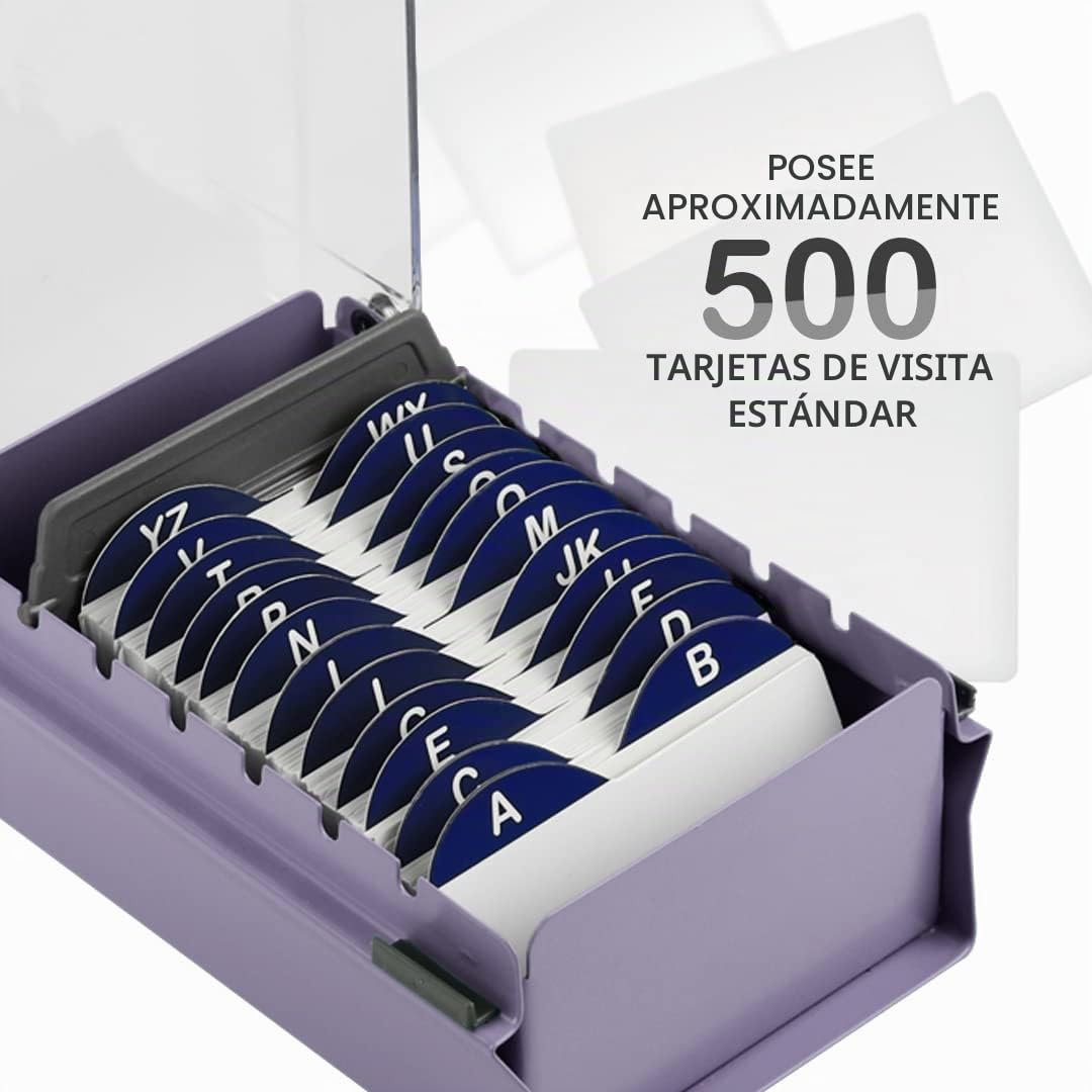 Acrimet Caja para Tarjetas de Visita, Porta Tarjeta de Negocio, Incluye Tarjetas de Índice AZ 95mm X 68mm y Separador (Base de Metal Color Morado y Tapa con bisagras de Plástico Transparente)