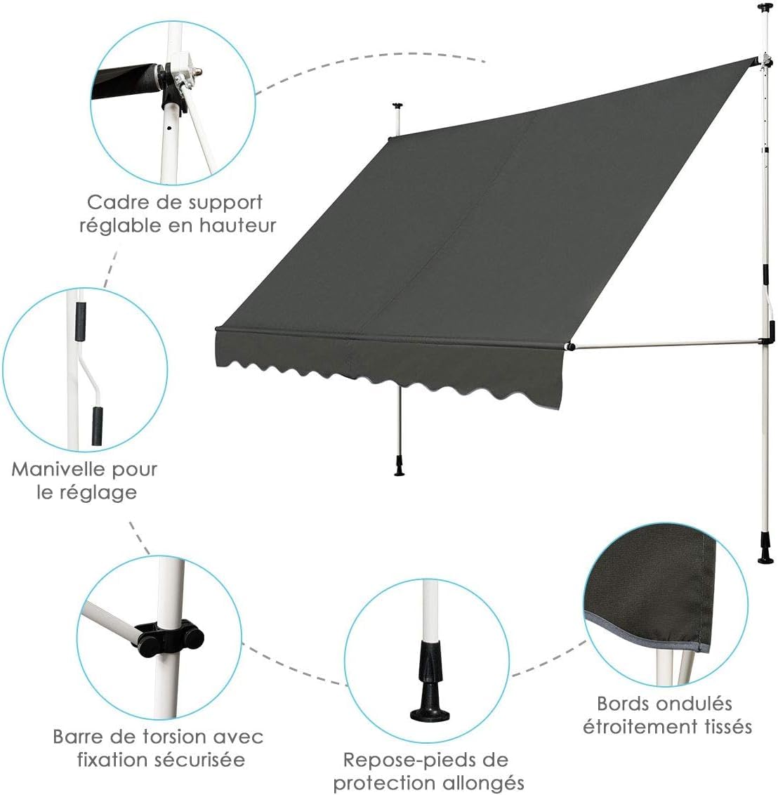 RELAX4LIFE Store Banne Manuel sans Perçage, Auvent Balcon Rétractable avec Manivelle, Tissu Oxford Anti-UV Imperméable, Hauteur Réglable 2-3 M, Store Banne pour Porte Fenêtre (Gris, 400 X 125 cm)