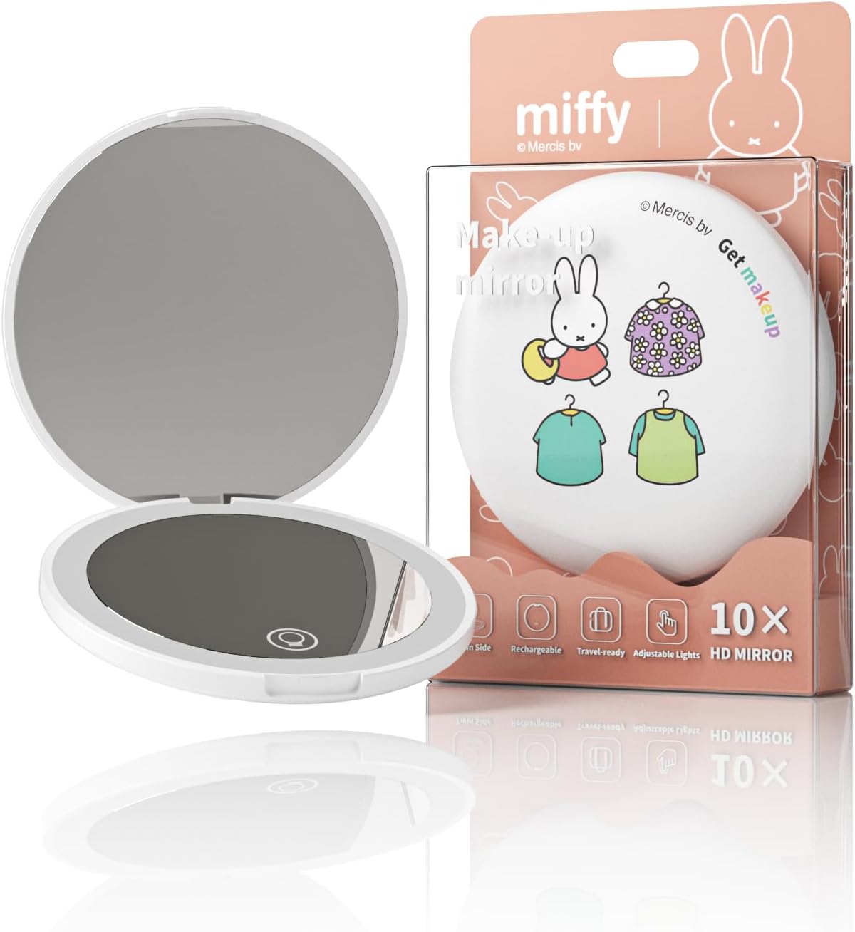 Miffy Handheld LED Makeup Mirror, Foldable 2-Side 1x/10x Magnification,Pocket Small Lighted Mirror for Travel, Rabbit Shape (Clothes White)