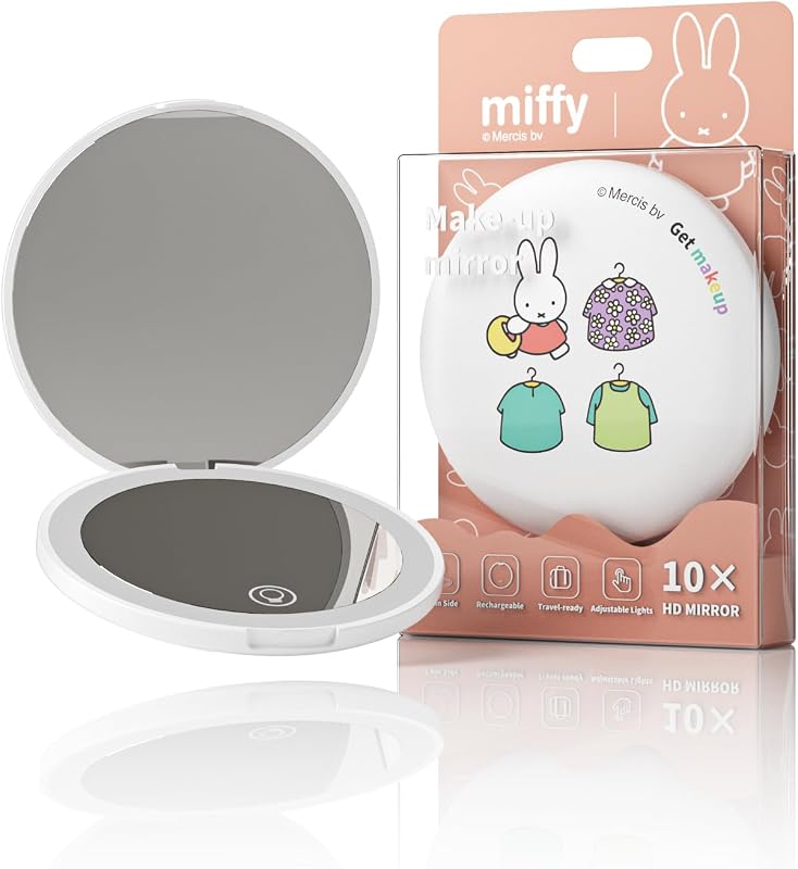Espelho de maquiagem MIPOW Miffy com LED, dobrável, 2 lados, ampliação 1x/10x, branco