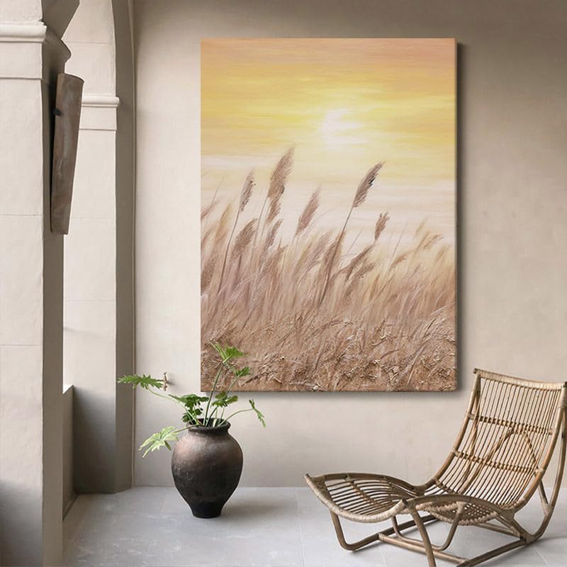 Tableau decoration murale salon original, solution mur vide toile texturée roseaux sans cadre