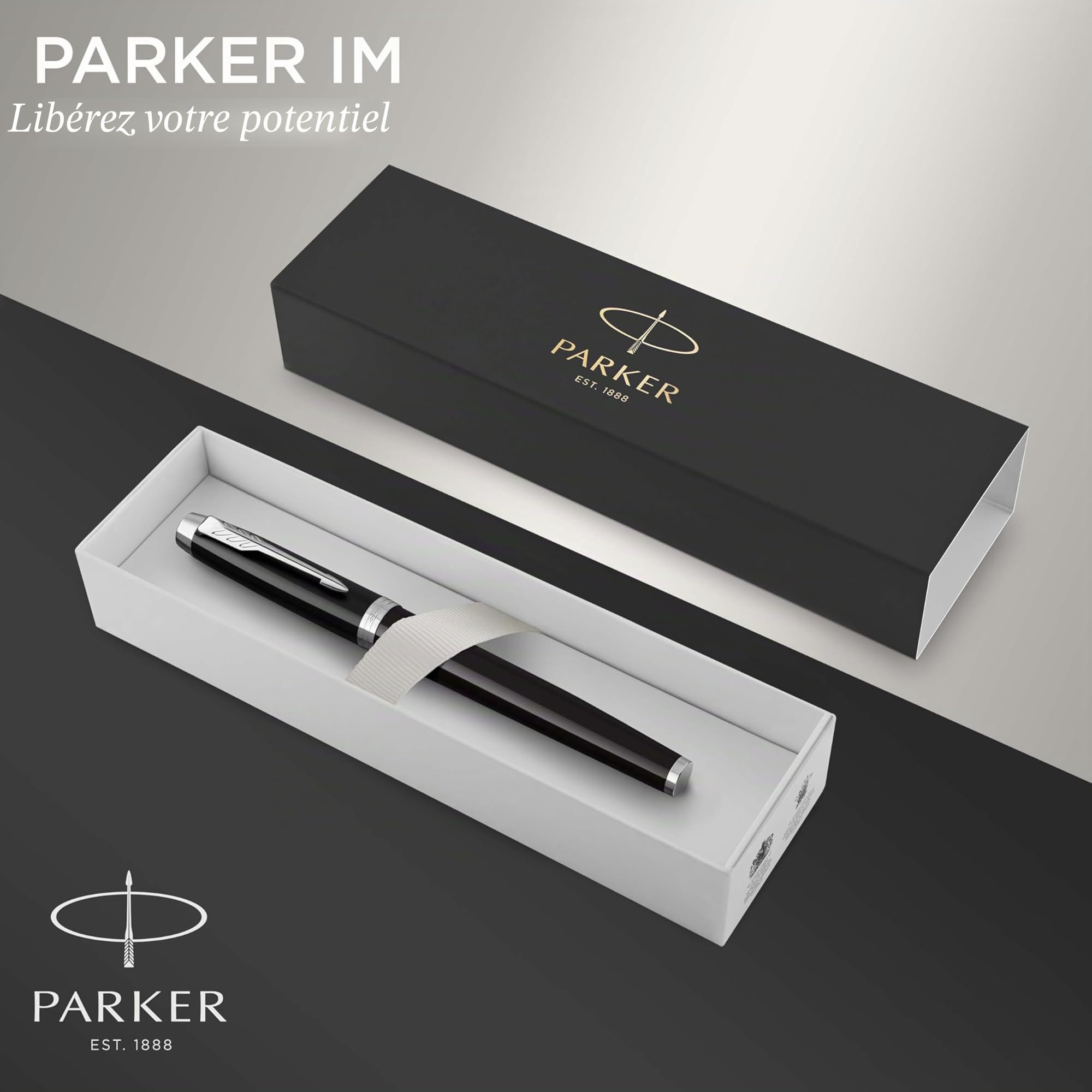 Parker IM stylo plume | laque noire avec attributs chromés | pointe fine | coffret cadeau