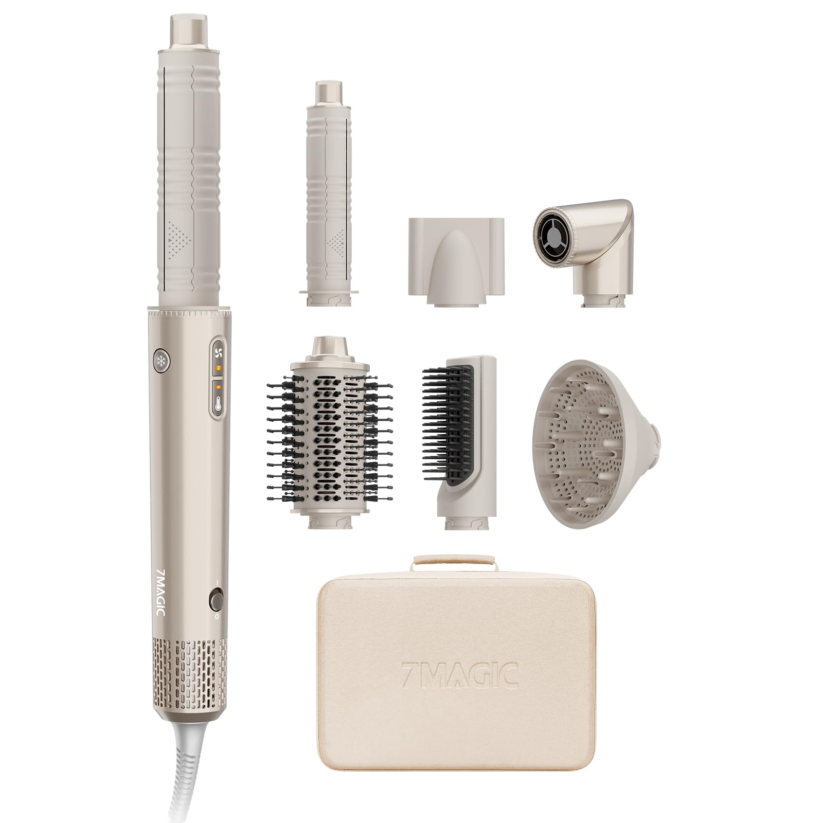 7MAGIC 7-in-1 Hot Air Styler, Hair Styler Dryer Brush with Auto-Wrap Curlers, High-Speed Hair Dryer for Fast Drying, Volumizing & Straightening, Travel Case Included, Champagne Gold