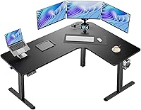 HUANUO 63" Dual Motor L-Shaped Standing Desk with Power Outlets, Electric Height Adjustable Corner Desk, 3 Presets, Black