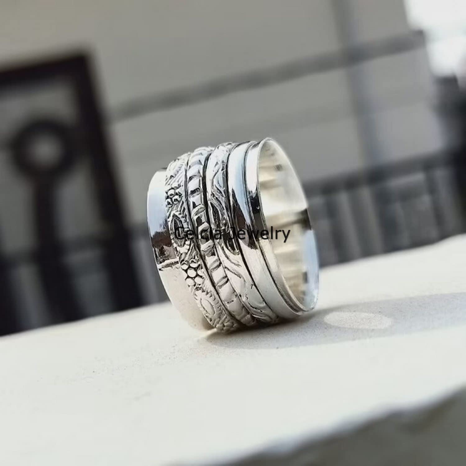 Bijoux de méditation en argent sterling 925 pour femmes et hommes, bague délicate tournante avec bande de pouce (taille USA 7)