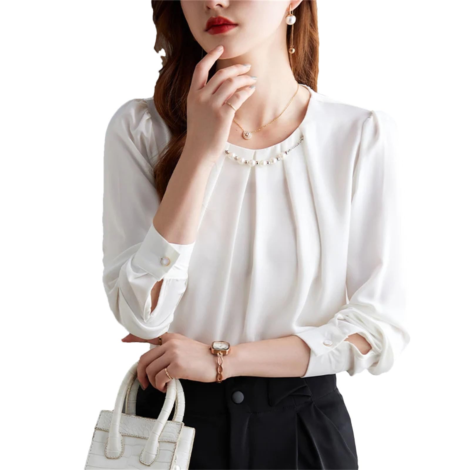 Blusas de cuello redondo para mujer, elegantes, informales, plisadas, con cadena de perlas, manga larga abombada, camisas de oficina