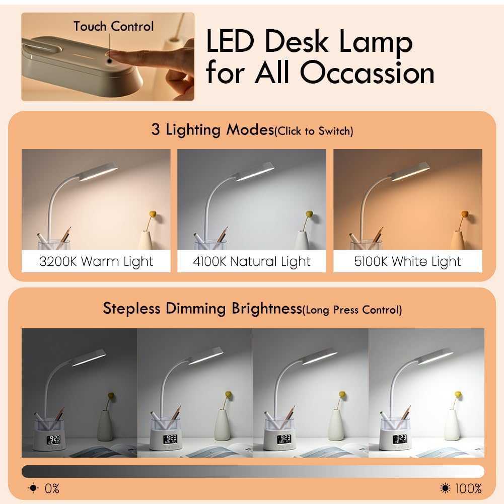 Lámparas LED de escritorio para oficina en casa con soporte para bolígrafo, lámpara de mesa para dormitorio con puerto de carga USB y reloj, luz nocturna RGB, lámpara de estudio para niños y 2