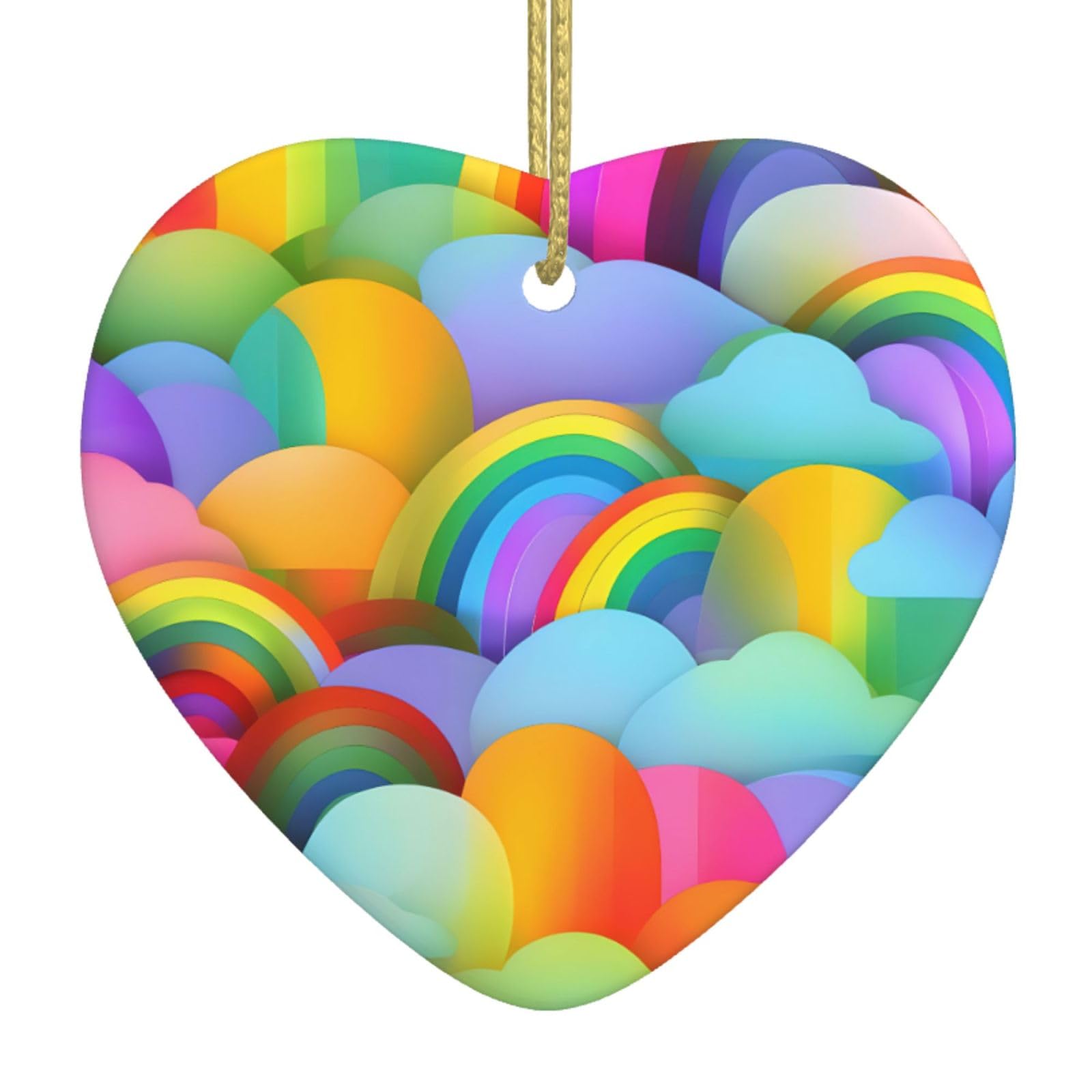 Nbtghga White Rainbow Hearts Pattern Print Christmas Ornaments, Ceramic Hanging Ornament, Xmas Tree Decoration, Holiday Home Decor