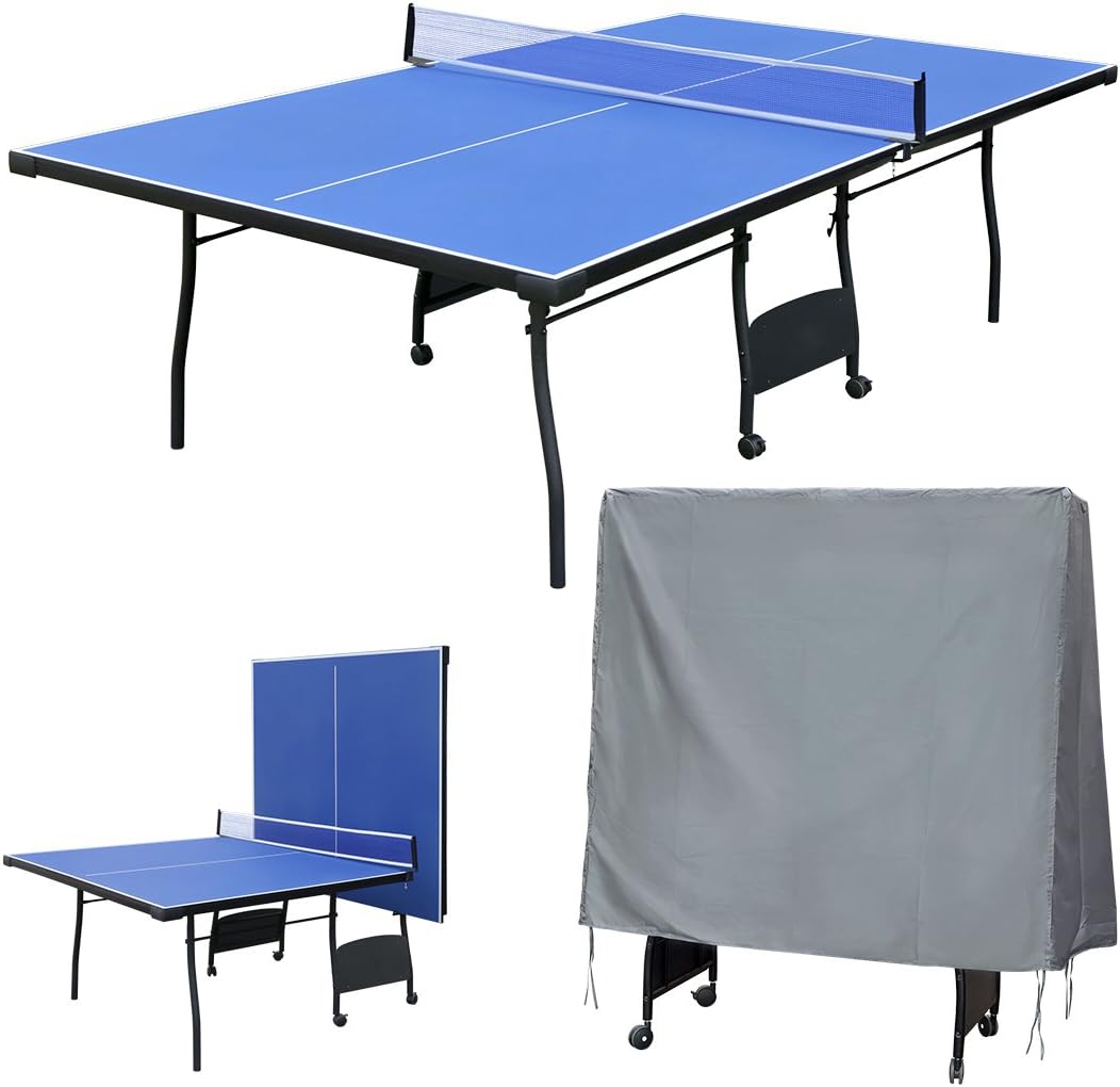 9FT Professional Full Size Rollaway Indoor Table Tennis Table Blue Ping Pong Table with Waterproof Protective Cover Dustproof